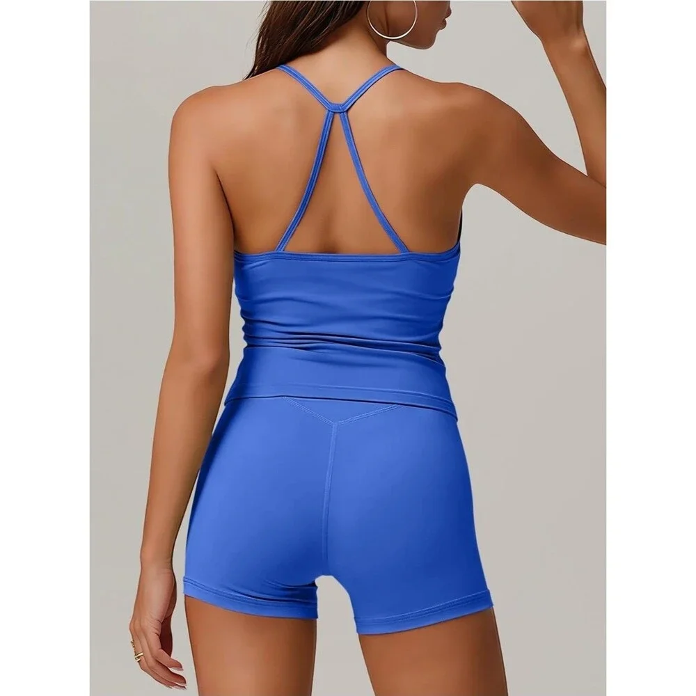 Women Workout Set Built in Bra 2 Pc Outfits Tank Tops Tummy Control Short B23